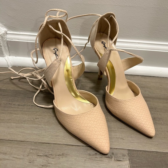 Tie up Tan faux suede & snake skin print point toe heels - Picture 3 of 4